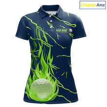 Load image into Gallery viewer, front view of green flame golf balls womens golf polo shirt for ladies
