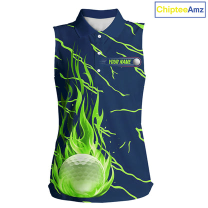 front view of green flame golf balls womens sleeveless golf polo shirt for ladies