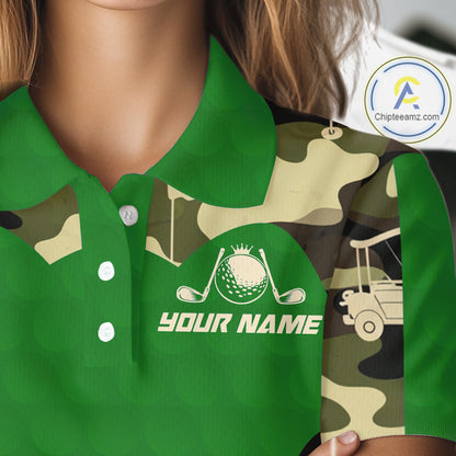 Green Camo Womens Golf Polo Shirts Custom Golf Outfit For Ladies, Team Golf Shirts NBT634