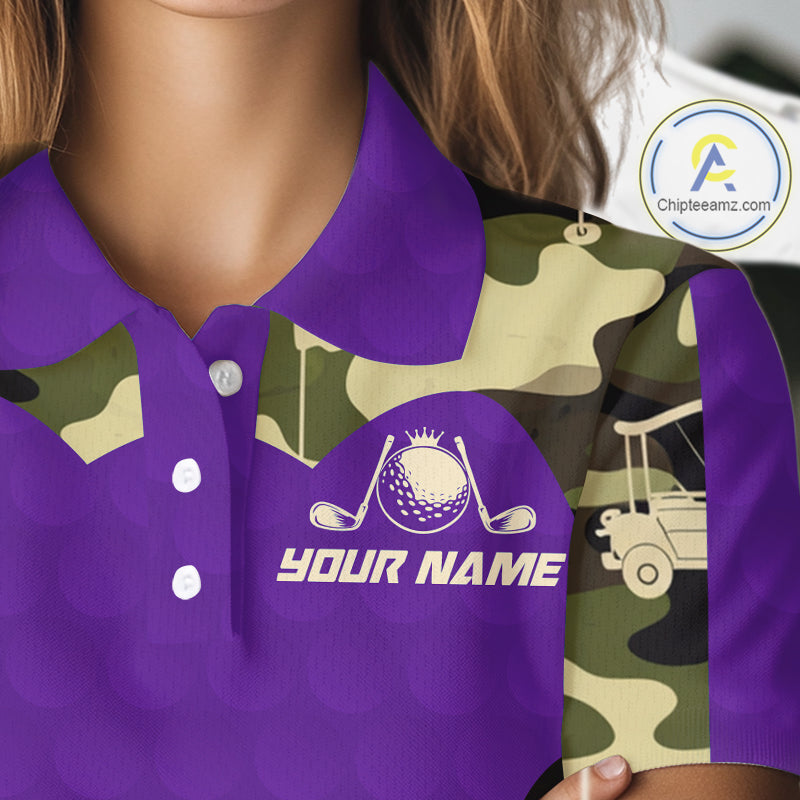 Purple Camo Womens Golf Polo Shirts Custom Golf Outfit For Ladies, Team Golf Shirts NBT635