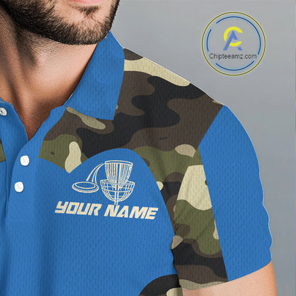Mens Disc Golf Polo Shirt Custom Name Camo Disc Golf Basket, Personalized Disc Golf Shirts|Blue NBT640