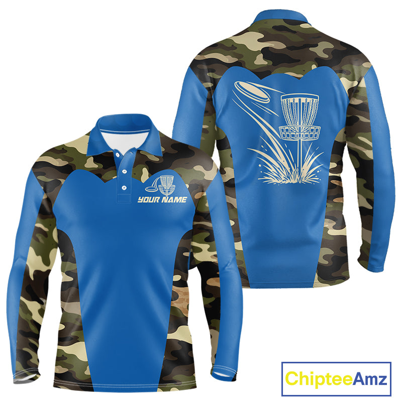 Mens Disc Golf Polo Shirt Custom Name Camo Disc Golf Basket, Personalized Disc Golf Shirts|Blue NBT640
