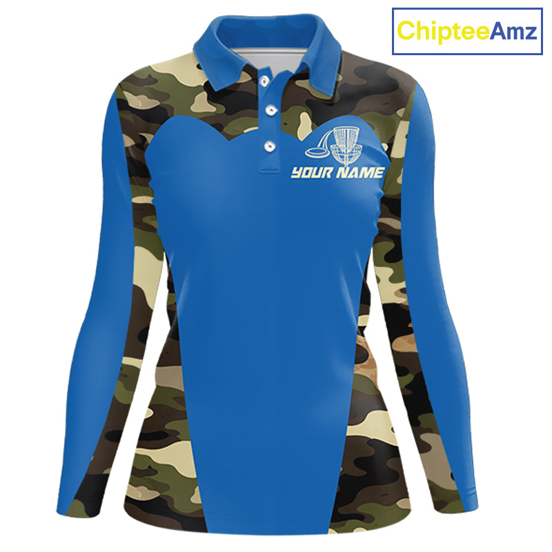 Womens Disc Golf Polo Shirt Custom Name Camo Disc Golf Basket, Personalized Disc Golf Shirts|Blue NBT640