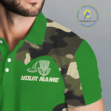 Load image into Gallery viewer, Mens Disc Golf Polo Shirt Custom Name Camo Disc Golf Basket, Personalized Disc Golf Shirts|Green NBT641