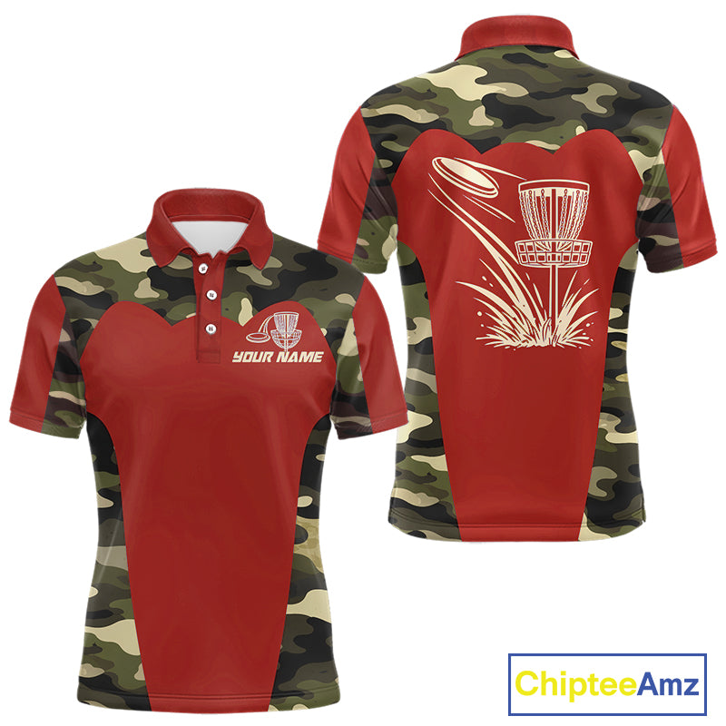 Mens Disc Golf Polo Shirt Custom Name Camo Disc Golf Basket, Personalized Disc Golf Shirts|Red NBT642
