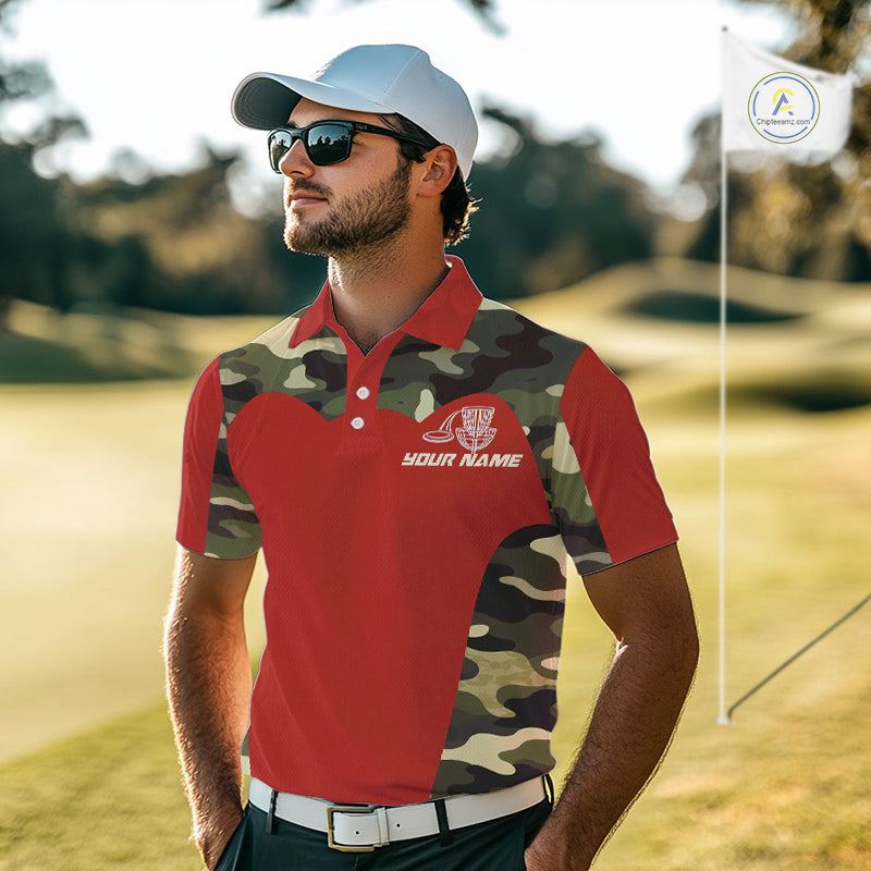 Mens Disc Golf Polo Shirt Custom Name Camo Disc Golf Basket, Personalized Disc Golf Shirts|Red NBT642
