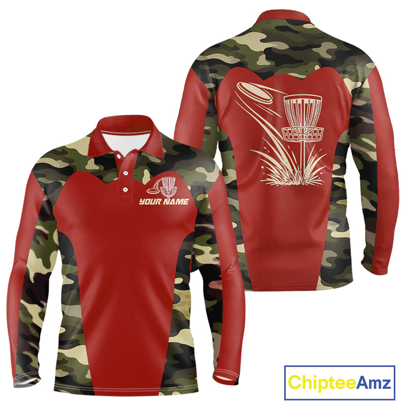 Mens Disc Golf Polo Shirt Custom Name Camo Disc Golf Basket, Personalized Disc Golf Shirts|Red NBT642