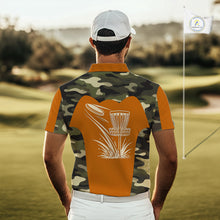Load image into Gallery viewer, Mens Disc Golf Polo Shirt Custom Name Camo Disc Golf Basket, Personalized Disc Golf Shirts|Orange NBT644