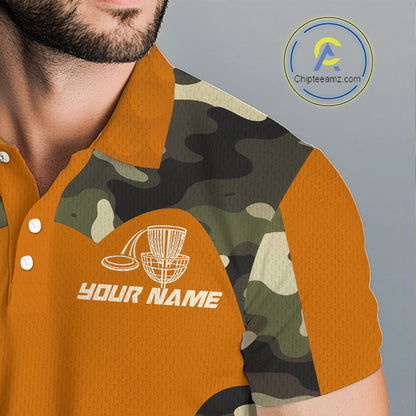 Mens Disc Golf Polo Shirt Custom Name Camo Disc Golf Basket, Personalized Disc Golf Shirts|Orange NBT644