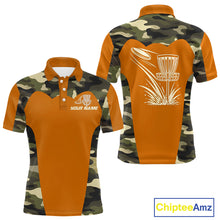 Load image into Gallery viewer, Mens Disc Golf Polo Shirt Custom Name Camo Disc Golf Basket, Personalized Disc Golf Shirts|Orange NBT644