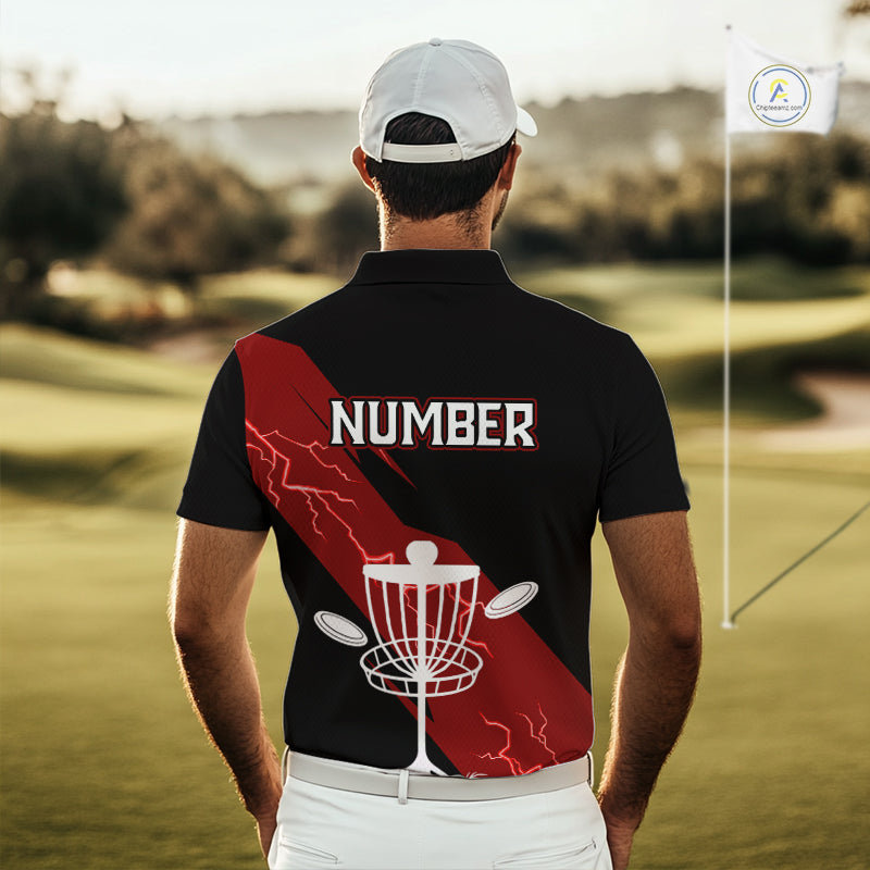 Red Mens Disc Golf Polo Shirts Custom Thunder Lightning Team Disc Golf Jerseys, Disc Golf Gifts NBT650