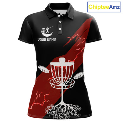 Red Womens Disc Golf Polo Shirts Custom Thunder Lightning Team Disc Golf Jerseys, Disc Golf Gifts NBT650