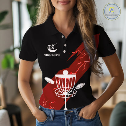 Red Womens Disc Golf Polo Shirts Custom Thunder Lightning Team Disc Golf Jerseys, Disc Golf Gifts NBT650