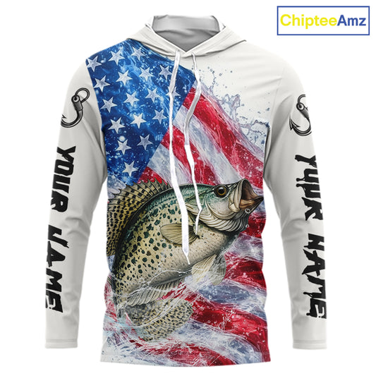 American Flag Patriotic Crappie Fishing Custom Long Sleeve Hooded Shirts, 4th of July Fishing Tournament Shirts NBT525