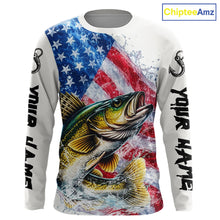 Load image into Gallery viewer, American Flag Patriotic Walleye Fishing Custom Long Sleeve Shirts, 4th of July Fishing Tournament Shirts NBT527
