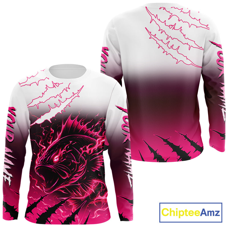 Largemouth Bass Long Sleeve Fishing Shirts Pink Angry Fish, Bass Fishing Shirts NBT387
