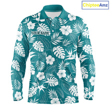 Load image into Gallery viewer, Long-sleeve shirt with tropical leaf pattern on a teal background