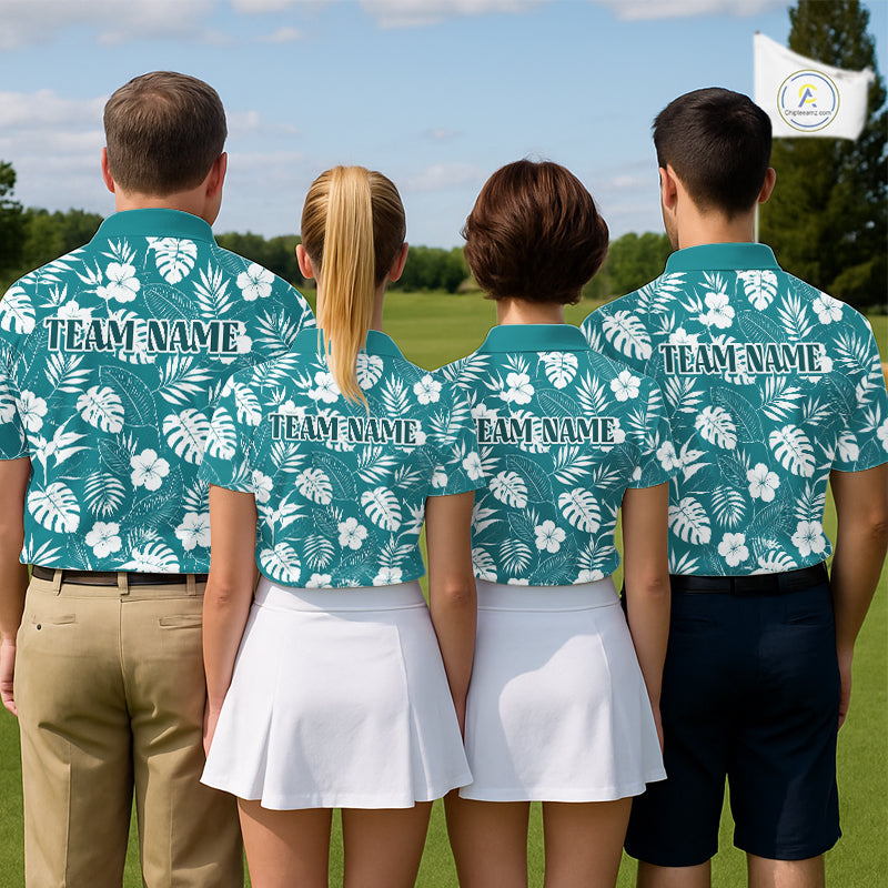 Four people wearing teal floral patterned shirts with 'TEAM NAME' text on a golf course.