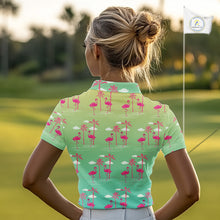 Load image into Gallery viewer, Pink Flamingo Palm Tree Womens Golf Polo Shirt, Tropical Golf Shirt, Cute Flamingo Print Summer Polo NBT538