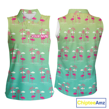 Pink Flamingo Palm Tree Womens Sleeveless Golf Polo Shirt, Tropical Golf Shirt, Cute Flamingo Print Summer Polo NBT538