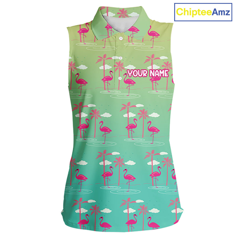 Pink Flamingo Palm Tree Womens Sleeveless Golf Polo Shirt, Tropical Golf Shirt, Cute Flamingo Print Summer Polo NBT538