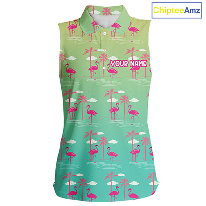 Pink Flamingo Palm Tree Womens Sleeveless Golf Polo Shirt, Tropical Golf Shirt, Cute Flamingo Print Summer Polo NBT538