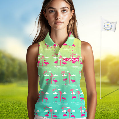 Pink Flamingo Palm Tree Womens Sleeveless Golf Polo Shirt, Tropical Golf Shirt, Cute Flamingo Print Summer Polo NBT538