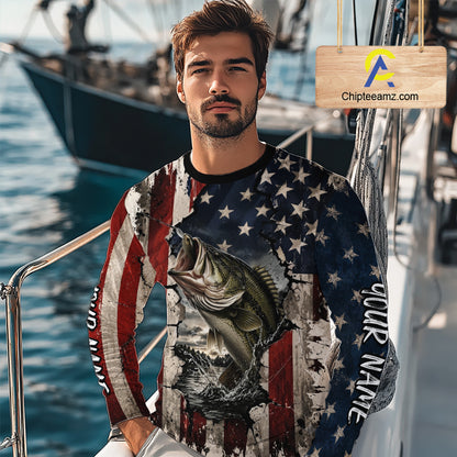 Bass Fishing 3D American Flag Patriotic Shirts Customize Bass Fishing Jerseys, Sun Protection Shirts NBT939
