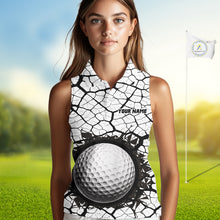 Load image into Gallery viewer, Golf Ball Breaking Sleeveless Polo Shirt, Black And White Cracking Pattern Polo Shirt, Best Golf Gift For Women NBT542