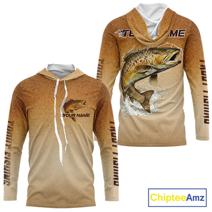 Brown Trout Fish Skin Long Sleeve Hooded Fishing Shirts Custom Name, Trout Fishing Shirts NBT402