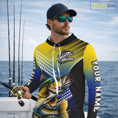 Walleye Long Sleeve Hooded Fishing Shirts Blue And Yellow Camo Custom Name, Walleye Fishing Shirts NBT439