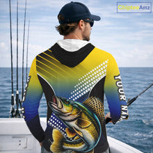 Load image into Gallery viewer, Walleye Long Sleeve Hooded Fishing Shirts Blue And Yellow Camo Custom Name, Walleye Fishing Shirts NBT439