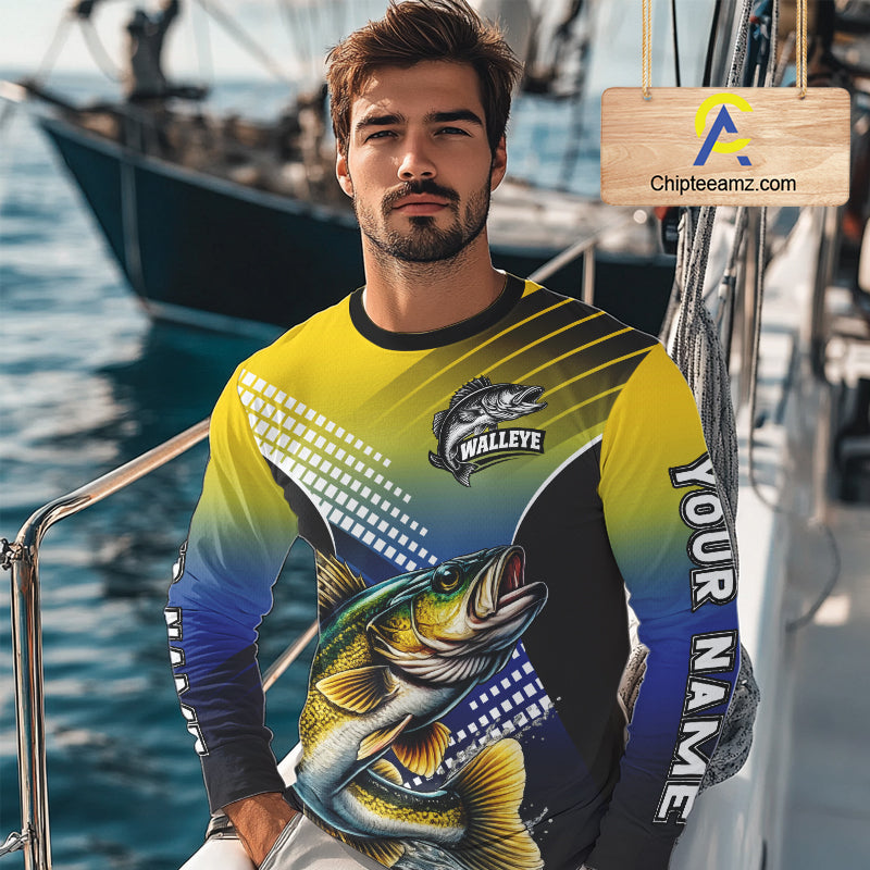 Walleye Fishing Shirts Long Sleeve Blue And Yellow Camo Custom Name, Walleye Fishing Shirts NBT439