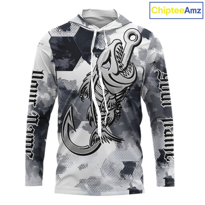 Front view of personalized fish skeleton hooded fishing shirt for men with fish reaper skull design
