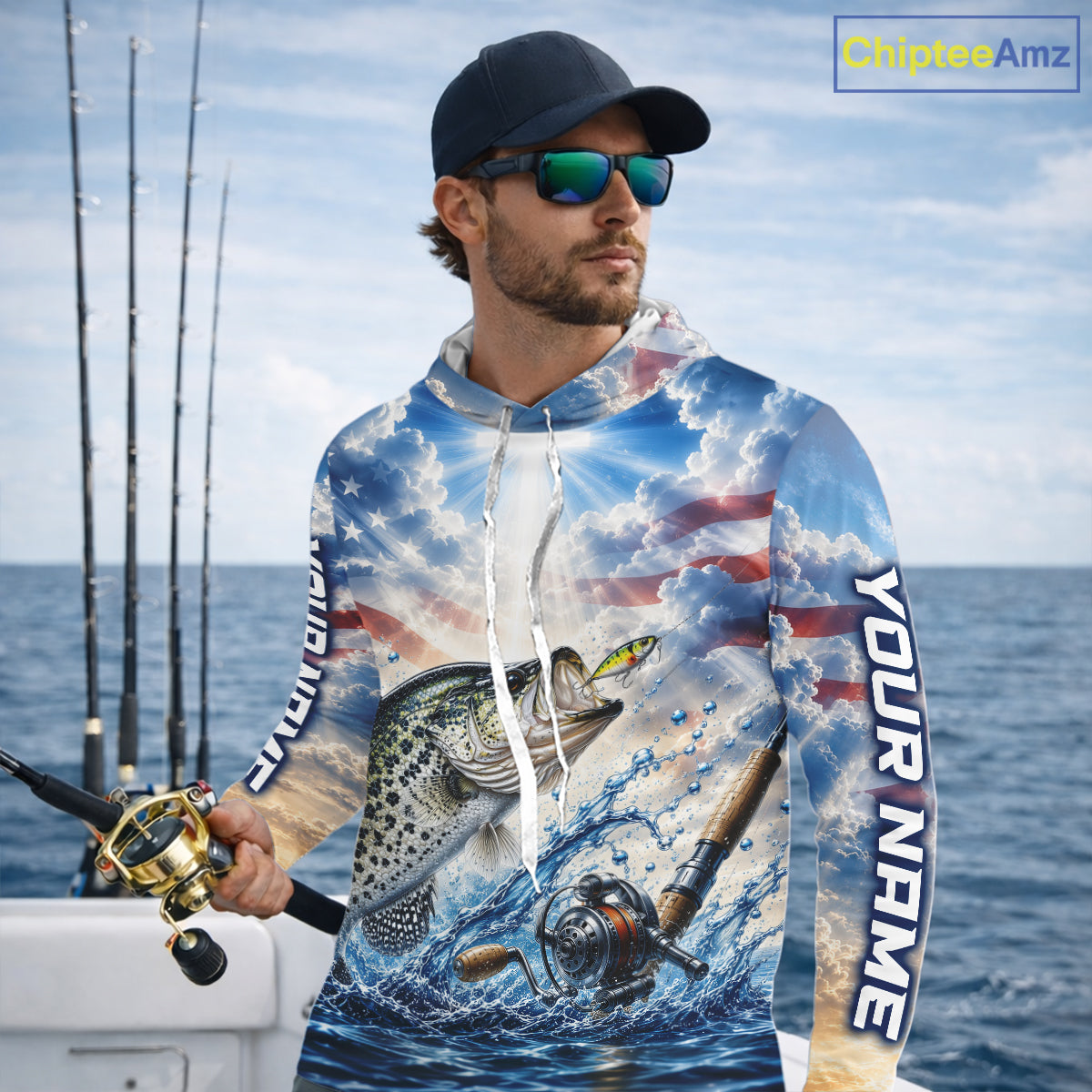 Custom Faith Crappie American Flag Patriotic Long Sleeve Hooded Fishing Shirt, US Fishing Jerseys NBT947
