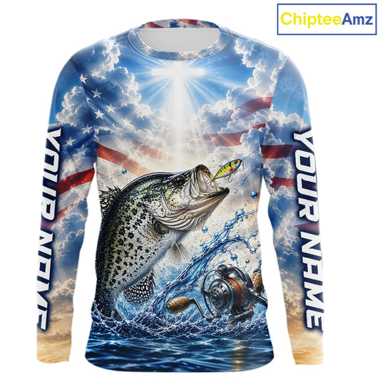 Custom Faith Crappie American Flag Patriotic Fishing Shirt Long Sleeve, US Fishing Jerseys NBT947