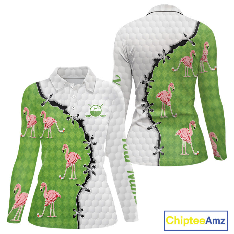 Funny Womens Golf Polo Shirt Green Argyle Flamingo Pattern Custom Name White Golf Shirt NBT558