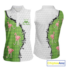 Load image into Gallery viewer, Funny Womens Sleeveless Golf Polo Shirt Green Argyle Flamingo Pattern Custom Name White Golf Shirt NBT558