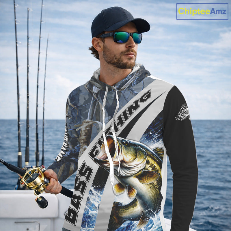 Custom Bass Fishing Grass Camo Long Sleeve Hooded Fishing Shirts, Bass Fishing Tournament Shirts NBT450