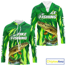 Load image into Gallery viewer, Pike Fishing Shirt Long Sleeve Hooded Green Camo Custom Name, Pike Fishing Jerseys For Men NBT408