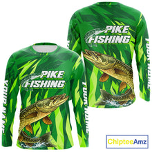 Load image into Gallery viewer, Pike Fishing Shirts Long Sleeve Green Camo Custom Name, Pike Fishing Jerseys For Men NBT408