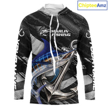 Load image into Gallery viewer, Personalized Marlin Long Sleeve Hooded Fishing Shirts Anchor Vector Custom Name Black Camo, Saltwater Fishing Shirts NBT473