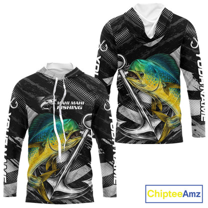 Personalized Mahi Mahi Long Sleeve Hooded Fishing Shirts Anchor Vector Custom Name Black Camo, Saltwater Fishing Shirts NBT473