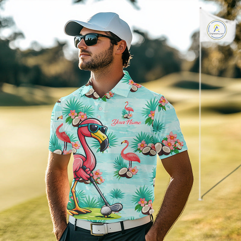 Funny Mens Golf Polo Shirts Custom Name Pink Flamingo Pattern, Tropical Golf Shirt NBT478