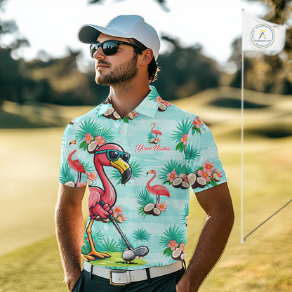 Funny Mens Golf Polo Shirts Custom Name Pink Flamingo Pattern, Tropical Golf Shirt NBT478