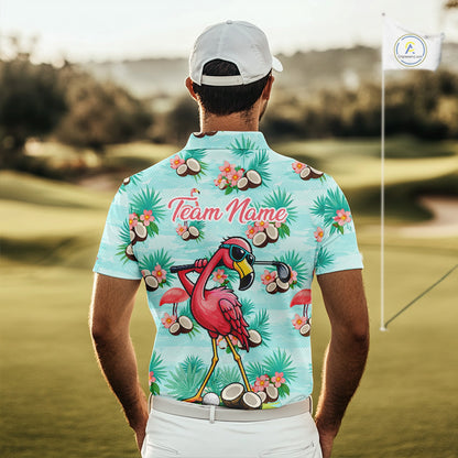 Funny Mens Golf Polo Shirts Custom Name Pink Flamingo Pattern, Tropical Golf Shirt NBT478