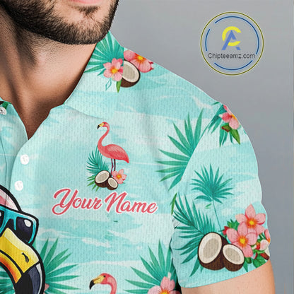 Funny Mens Golf Polo Shirts Custom Name Pink Flamingo Pattern, Tropical Golf Shirt NBT478