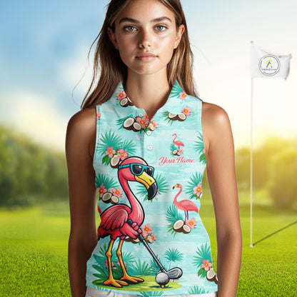 Funny Women Sleeveless Golf Polo Shirts Custom Pink Flamingo Pattern, Tropical Golf Shirt NBT478