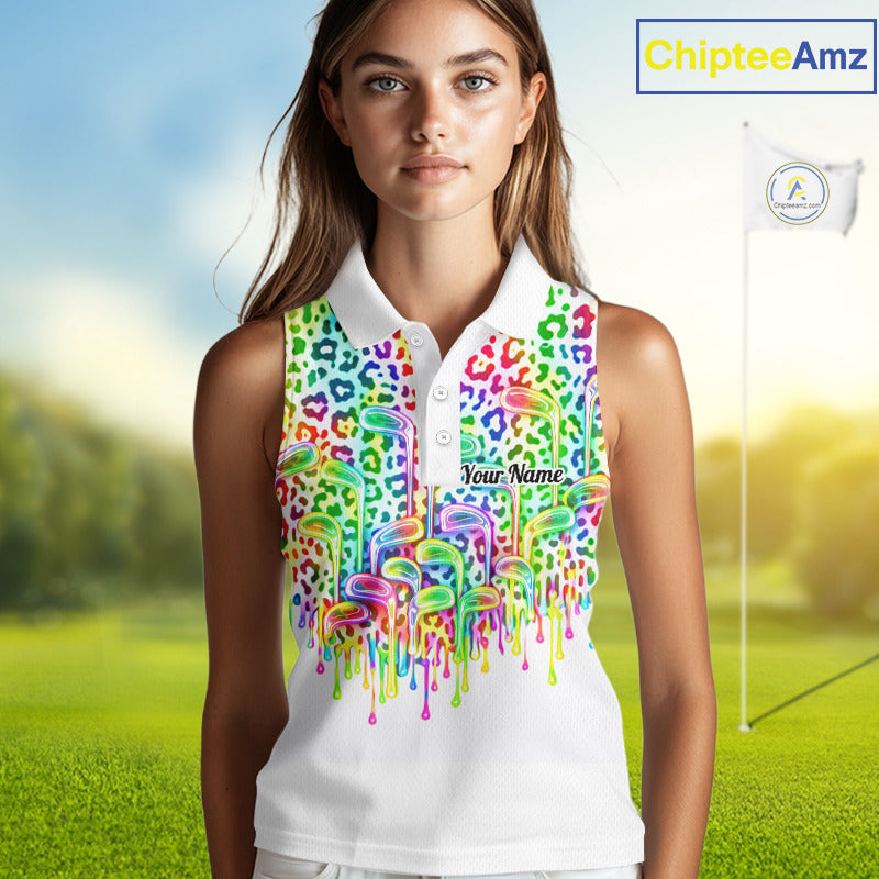 Womens Sleeveless Golf Polo Shirts Colorful Neon Watercolor Leopard Custom Name White Golf Shirts NBT509