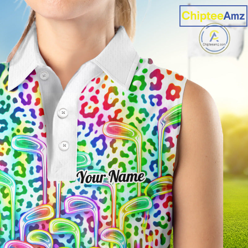 Womens Sleeveless Golf Polo Shirts Colorful Neon Watercolor Leopard Custom Name White Golf Shirts NBT509